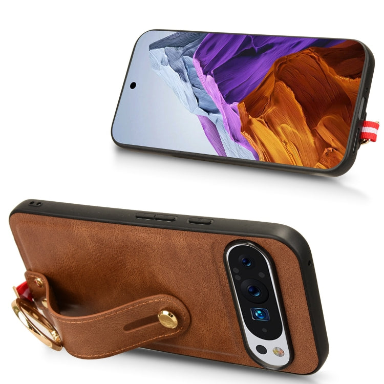 For Google Pixel 9 Pro Wristband Leather Back Phone Case(Brown) - Google Cases by PMC TechLife | Online Shopping South Africa | PMC TechLife | Buy Now Pay Later Mobicred
