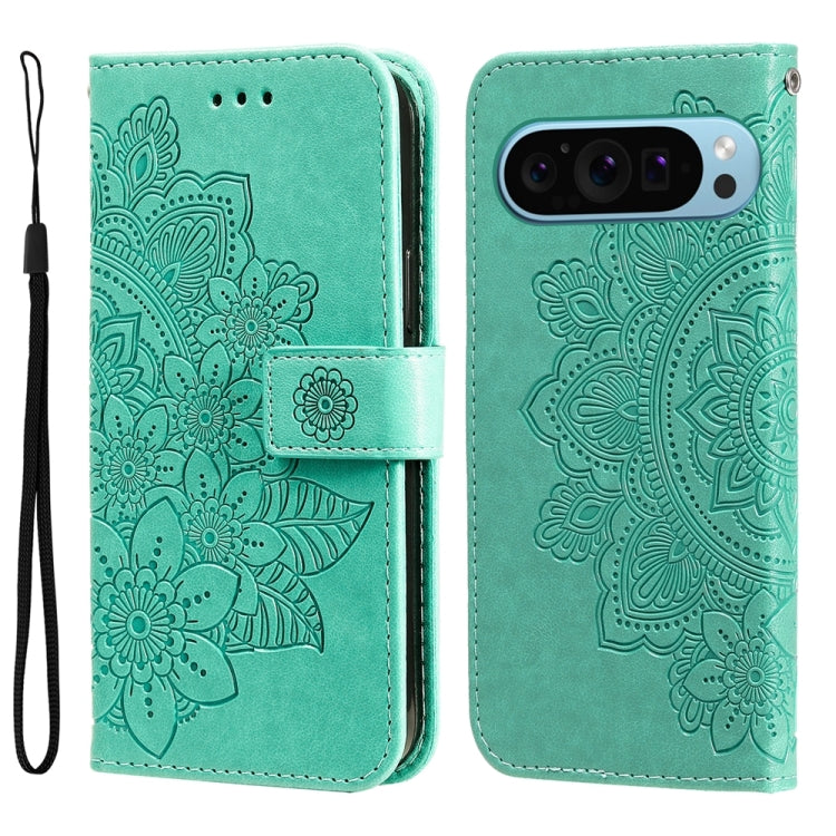 For Google Pixel 9 Seven-petal Flowers Embossing Leather Phone Case(Green) - Google Cases by PMC TechLife | Online Shopping South Africa | PMC TechLife | Buy Now Pay Later Mobicred