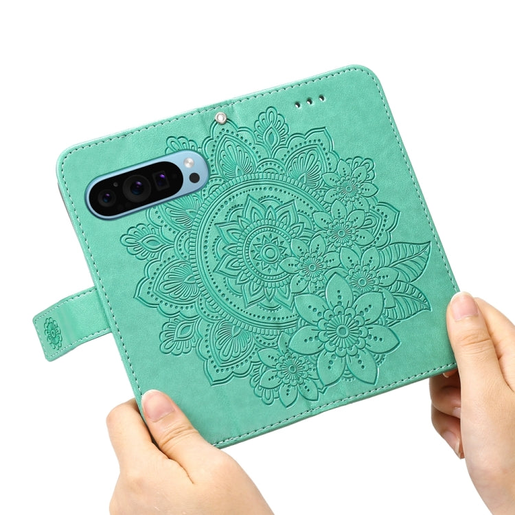 For Google Pixel 9 Seven-petal Flowers Embossing Leather Phone Case(Green) - Google Cases by PMC TechLife | Online Shopping South Africa | PMC TechLife | Buy Now Pay Later Mobicred