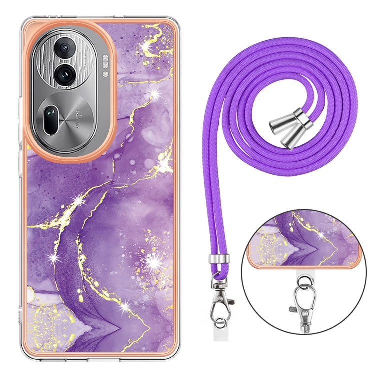 For OPPO Reno11 Pro 5G Global Electroplating Marble Dual-side IMD Phone Case with Lanyard(Purple 002)