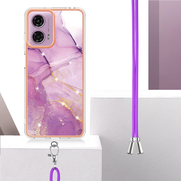 For Motorola Moto G04 4G / G24 4G Electroplating Marble Dual-side IMD Phone Case with Lanyard(Purple 001)