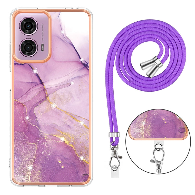 For Motorola Moto G04 4G / G24 4G Electroplating Marble Dual-side IMD Phone Case with Lanyard(Purple 001)