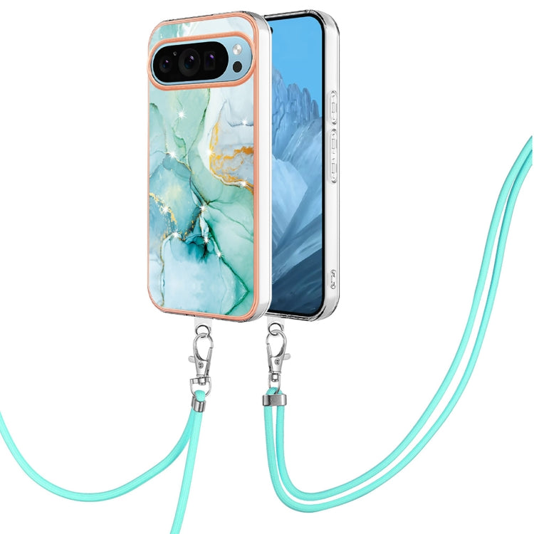 For Google Pixel 9 / 9 Pro Electroplating Marble Dual-side IMD Phone Case with Lanyard(Green 003) - Google Cases by PMC TechLife | Online Shopping South Africa | PMC TechLife | Buy Now Pay Later Mobicred