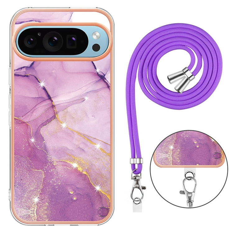 For Google Pixel 9 Pro XL Electroplating Marble Dual-side IMD Phone Case with Lanyard(Purple 001) - Google Cases by PMC TechLife | Online Shopping South Africa | PMC TechLife | Buy Now Pay Later Mobicred