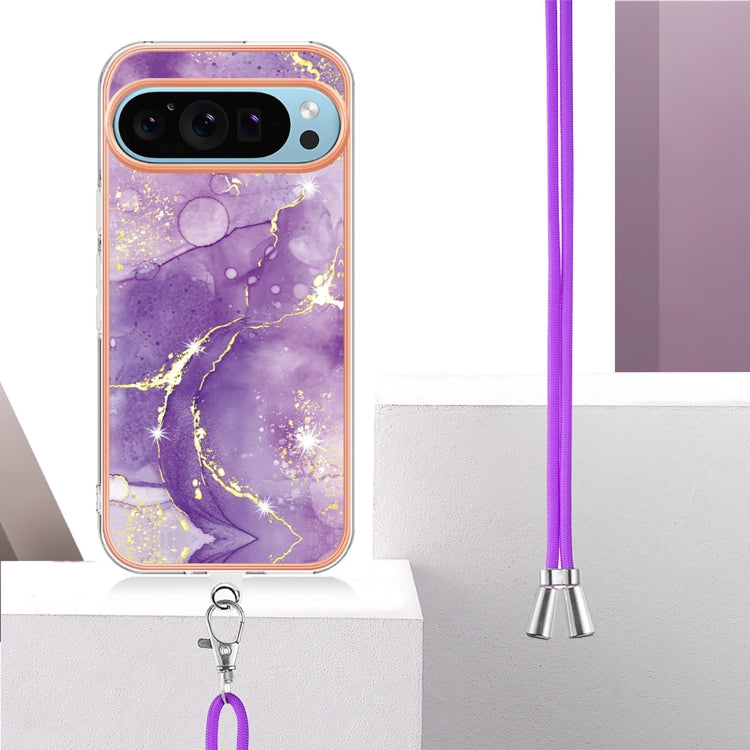 For Google Pixel 9 Pro XL Electroplating Marble Dual-side IMD Phone Case with Lanyard(Purple 002)