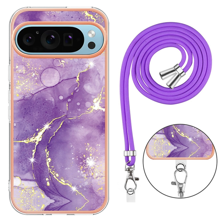 For Google Pixel 9 Pro XL Electroplating Marble Dual-side IMD Phone Case with Lanyard(Purple 002) - Google Cases by PMC TechLife | Online Shopping South Africa | PMC TechLife | Buy Now Pay Later Mobicred