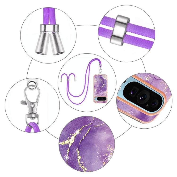 For Google Pixel 9 Pro XL Electroplating Marble Dual-side IMD Phone Case with Lanyard(Purple 002)