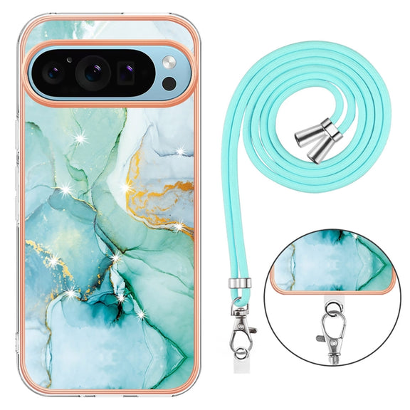 For Google Pixel 9 Pro XL Electroplating Marble Dual-side IMD Phone Case with Lanyard(Green 003)