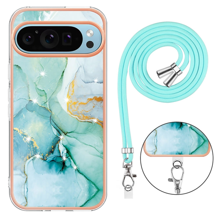 For Google Pixel 9 Pro XL Electroplating Marble Dual-side IMD Phone Case with Lanyard(Green 003)