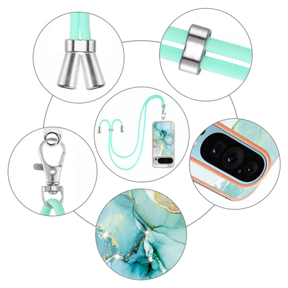 For Google Pixel 9 Pro XL Electroplating Marble Dual-side IMD Phone Case with Lanyard(Green 003)