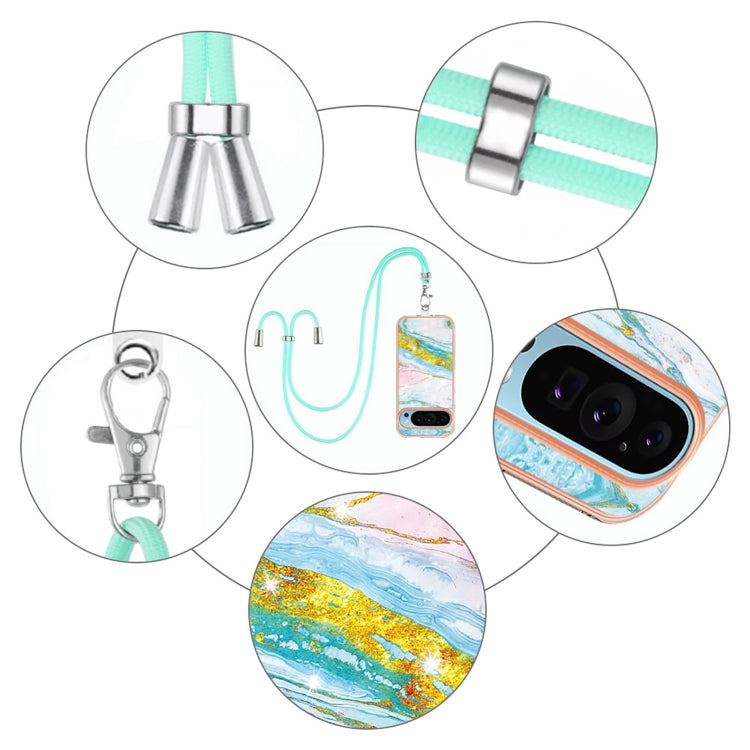 For Google Pixel 9 Pro XL Electroplating Marble Dual-side IMD Phone Case with Lanyard(Green 004)