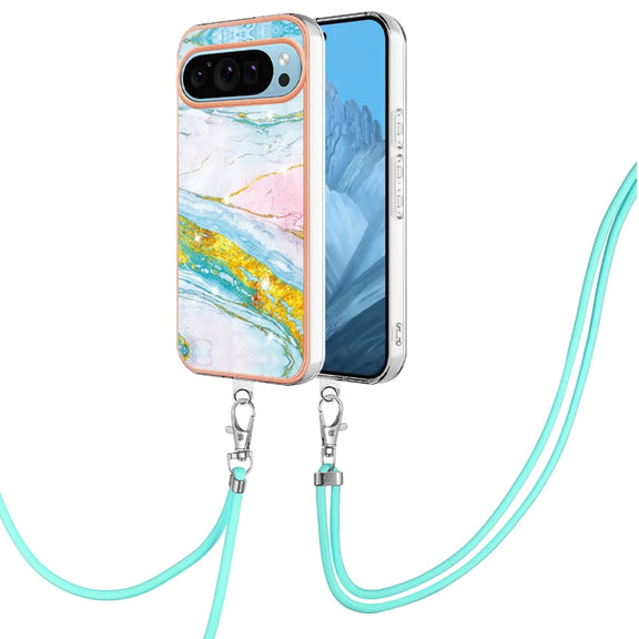 For Google Pixel 9 Pro XL Electroplating Marble Dual-side IMD Phone Case with Lanyard(Green 004)