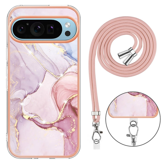 For Google Pixel 9 Pro XL Electroplating Marble Dual-side IMD Phone Case with Lanyard(Rose Gold 005)