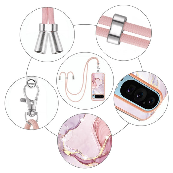 For Google Pixel 9 Pro XL Electroplating Marble Dual-side IMD Phone Case with Lanyard(Rose Gold 005)