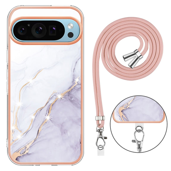 For Google Pixel 9 Pro XL Electroplating Marble Dual-side IMD Phone Case with Lanyard(White 006)