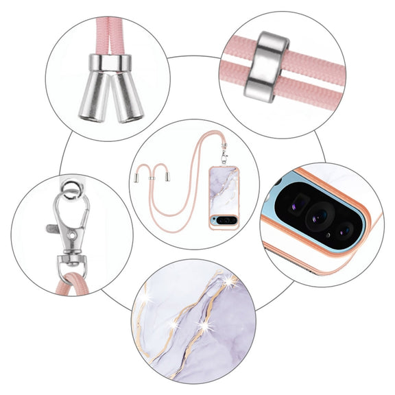 For Google Pixel 9 Pro XL Electroplating Marble Dual-side IMD Phone Case with Lanyard(White 006)