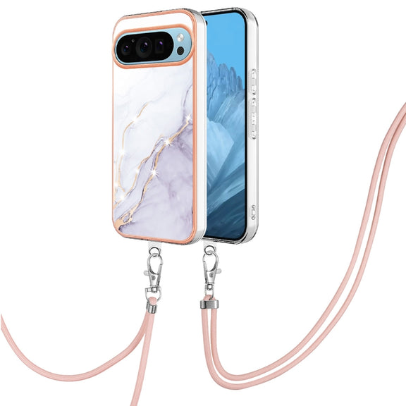 For Google Pixel 9 Pro XL Electroplating Marble Dual-side IMD Phone Case with Lanyard(White 006)