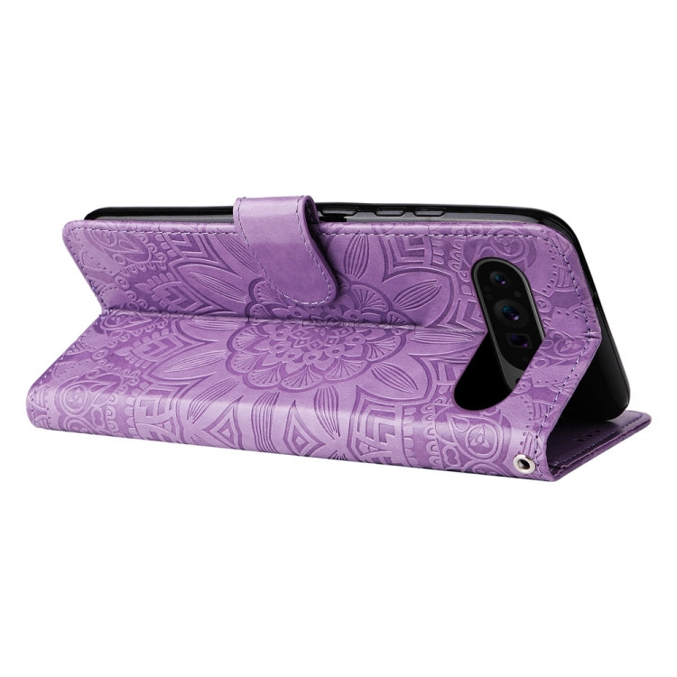 For Google Pixel 9 Pro Embossed Sunflower Leather Phone Case(Purple) - Google Cases by PMC TechLife | Online Shopping South Africa | PMC TechLife | Buy Now Pay Later Mobicred