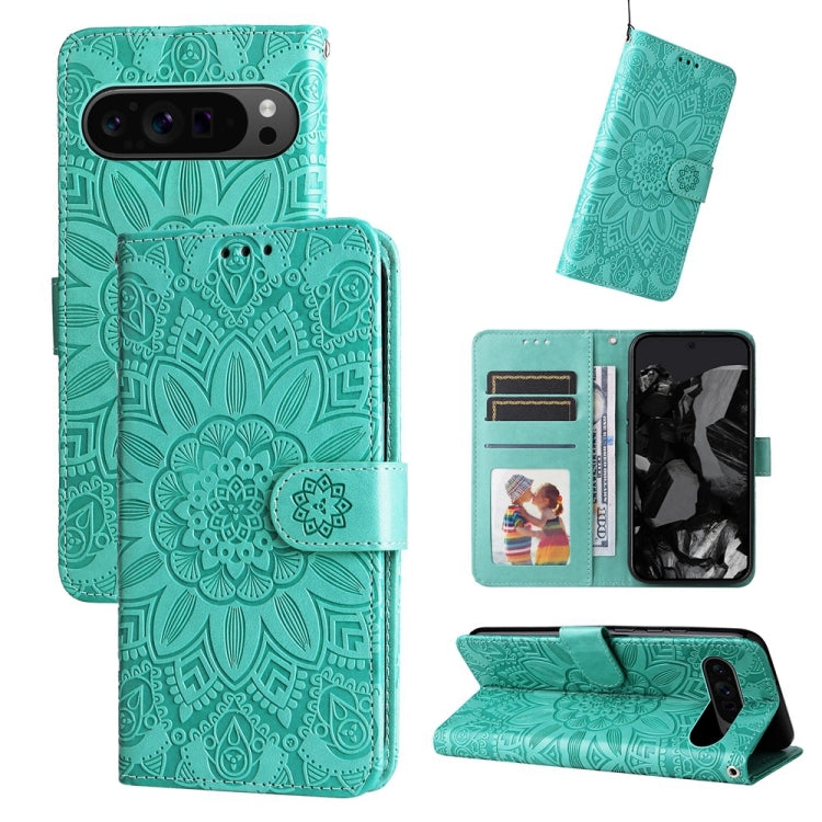 For Google Pixel 9 Pro Embossed Sunflower Leather Phone Case(Green) - Google Cases by PMC TechLife | Online Shopping South Africa | PMC TechLife | Buy Now Pay Later Mobicred