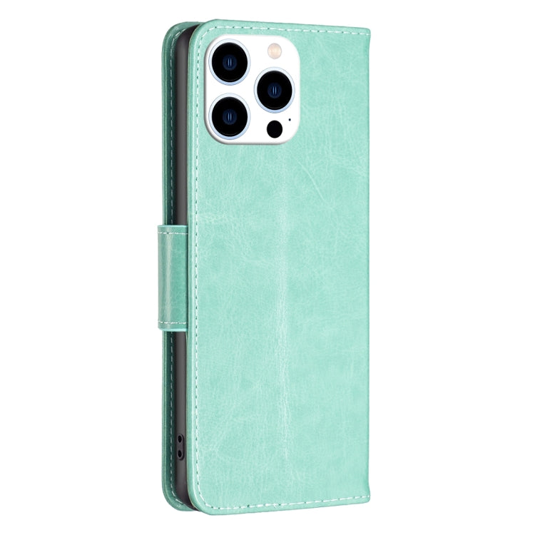 For iPhone 16 Pro Max Embossing Two Butterflies Pattern Leather Phone Case(Green) - iPhone 16 Pro Max Cases by PMC TechLife | Online Shopping South Africa | PMC TechLife | Buy Now Pay Later Mobicred