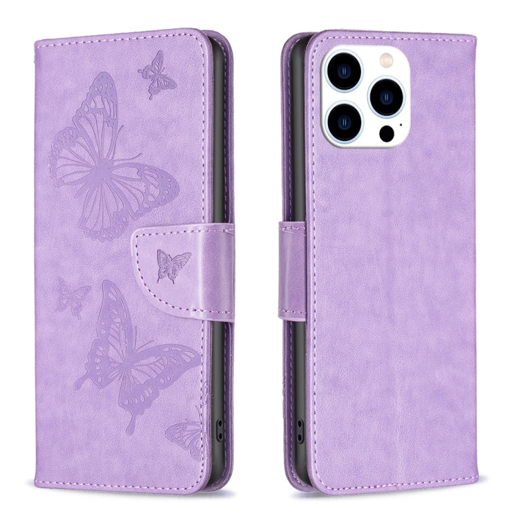 For iPhone 16 Pro Embossing Two Butterflies Pattern Leather Phone Case(Purple) - iPhone 16 Pro Cases by PMC TechLife | Online Shopping South Africa | PMC TechLife | Buy Now Pay Later Mobicred