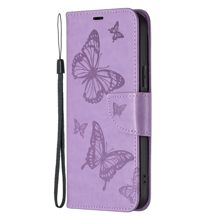 For iPhone 16 Embossing Two Butterflies Pattern Leather Phone Case(Purple) - iPhone 16 Cases by PMC TechLife | Online Shopping South Africa | PMC TechLife | Buy Now Pay Later Mobicred