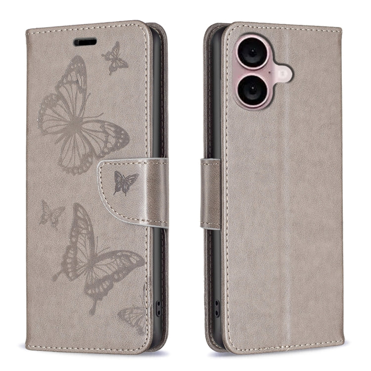 For iPhone 16 Embossing Two Butterflies Pattern Leather Phone Case(Grey) - iPhone 16 Cases by PMC TechLife | Online Shopping South Africa | PMC TechLife | Buy Now Pay Later Mobicred