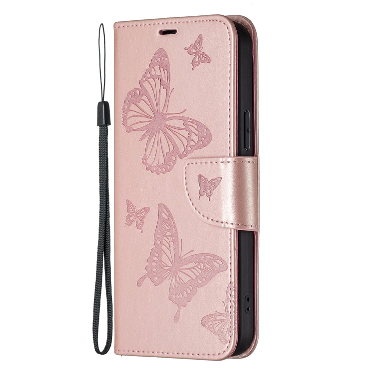 For iPhone 16 Plus Embossing Two Butterflies Pattern Leather Phone Case(Rose Gold) - iPhone 16 Plus Cases by PMC TechLife | Online Shopping South Africa | PMC TechLife | Buy Now Pay Later Mobicred