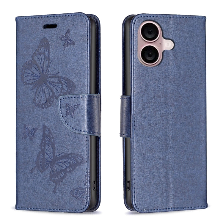 For iPhone 16 Plus Embossing Two Butterflies Pattern Leather Phone Case(Blue) - iPhone 16 Plus Cases by PMC TechLife | Online Shopping South Africa | PMC TechLife | Buy Now Pay Later Mobicred