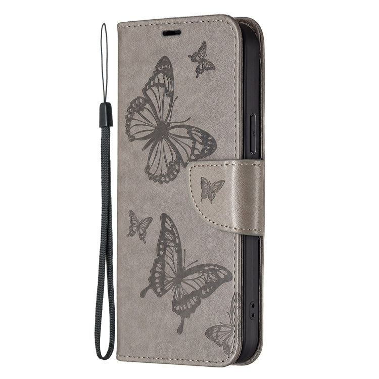 For iPhone 16 Plus Embossing Two Butterflies Pattern Leather Phone Case(Grey)