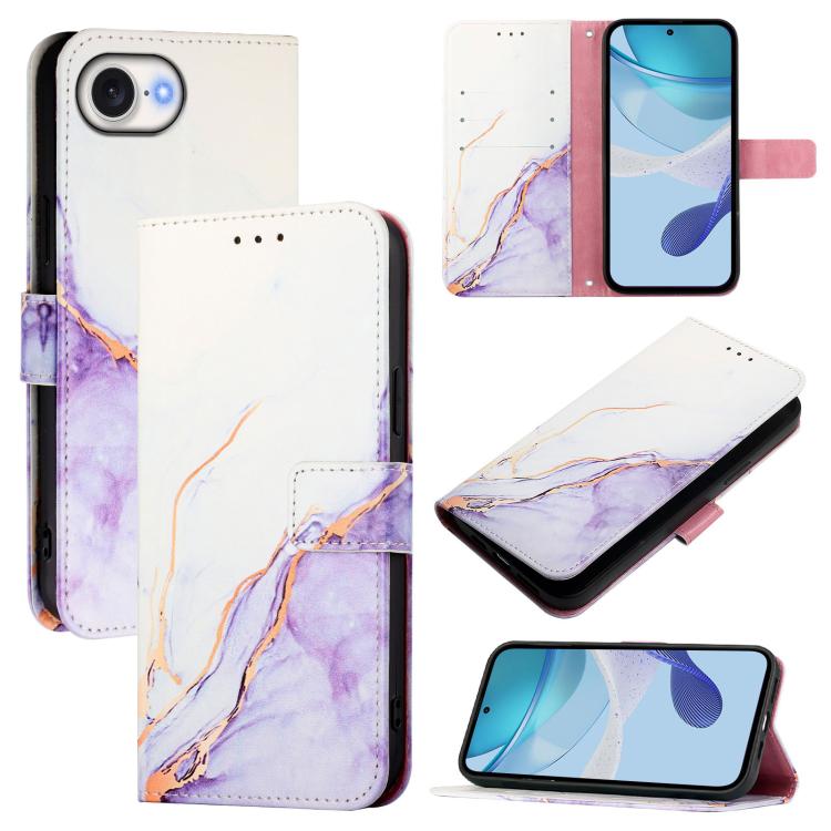 For iPhone 16e PT003 Marble Pattern Flip Leather Phone Case(White Purple) - iPhone 16e Cases by PMC TechLife | Online Shopping South Africa | PMC TechLife | Buy Now Pay Later Mobicred