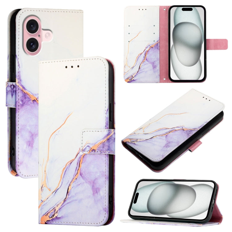 For iPhone 16 PT003 Marble Pattern Flip Leather Phone Case(White Purple LS006) - iPhone 16 Cases by PMC TechLife | Online Shopping South Africa | PMC TechLife | Buy Now Pay Later Mobicred