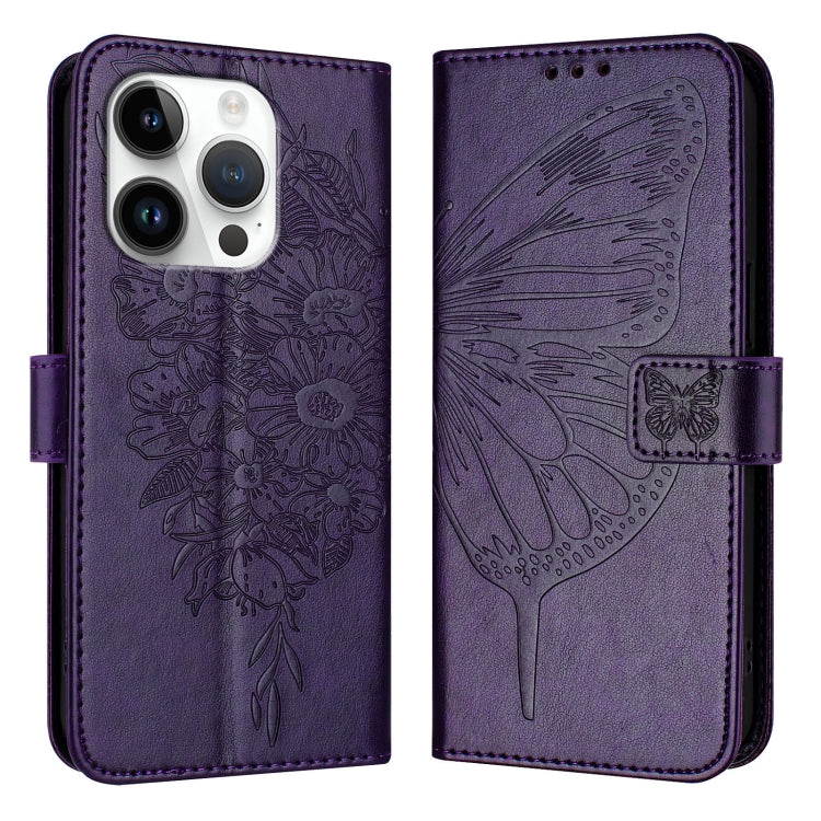 For iPhone 16 Pro Embossed Butterfly Leather Phone Case(Dark Purple) - iPhone 16 Pro Cases by PMC TechLife | Online Shopping South Africa | PMC TechLife | Buy Now Pay Later Mobicred