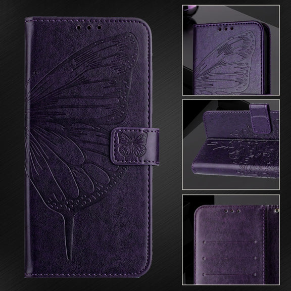 For iPhone 16 Pro Embossed Butterfly Leather Phone Case(Dark Purple)