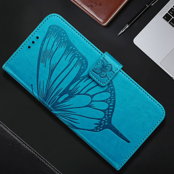For iPhone 16 Plus Embossed Butterfly Leather Phone Case(Blue)