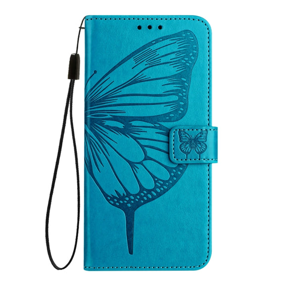 For iPhone 16 Embossed Butterfly Leather Phone Case(Blue)