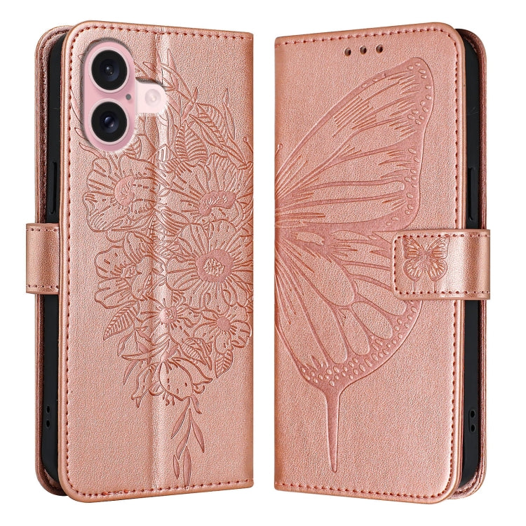 For iPhone 16 Embossed Butterfly Leather Phone Case(Rose Gold) - iPhone 16 Cases by PMC TechLife | Online Shopping South Africa | PMC TechLife | Buy Now Pay Later Mobicred