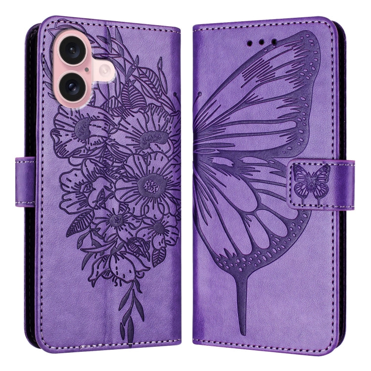 For iPhone 16 Embossed Butterfly Leather Phone Case(Light Purple) - iPhone 16 Cases by PMC TechLife | Online Shopping South Africa | PMC TechLife | Buy Now Pay Later Mobicred