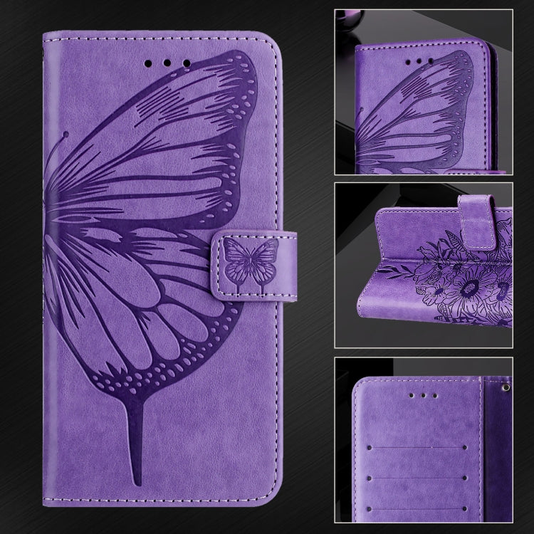 For iPhone 16 Embossed Butterfly Leather Phone Case(Light Purple) - iPhone 16 Cases by PMC TechLife | Online Shopping South Africa | PMC TechLife | Buy Now Pay Later Mobicred