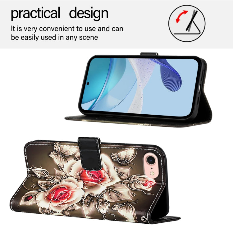 For iPhone 16e Colored Drawing Pattern Plain Weave Leather Phone Case(Roses On Black) - free shipping - PMC TechLife - Order now!