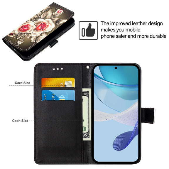 For iPhone 16e Colored Drawing Pattern Plain Weave Leather Phone Case(Roses On Black)