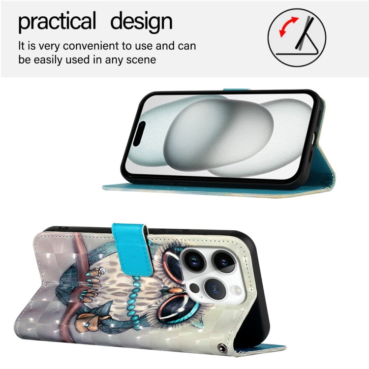 For iPhone 16 Pro 3D Painting Horizontal Flip Leather Phone Case(Grey Owl) - iPhone 16 Pro Cases by PMC TechLife | Online Shopping South Africa | PMC TechLife | Buy Now Pay Later Mobicred