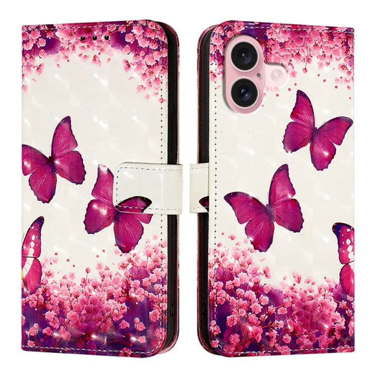 For iPhone 16 3D Painting Horizontal Flip Leather Phone Case(Rose Butterfly) - iPhone 16 Cases by PMC TechLife | Online Shopping South Africa | PMC TechLife | Buy Now Pay Later Mobicred