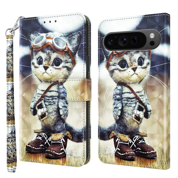 For Google Pixel 9 3D Painted Pattern Leather Phone Case(Naughty Cat)