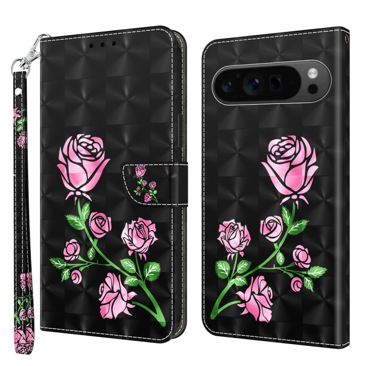 For Google Pixel 9 3D Painted Pattern Leather Phone Case(Rose) - Google Cases by PMC TechLife | Online Shopping South Africa | PMC TechLife | Buy Now Pay Later Mobicred