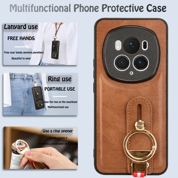 For Honor Magic6 Pro Wristband Leather Back Phone Case(Brown)