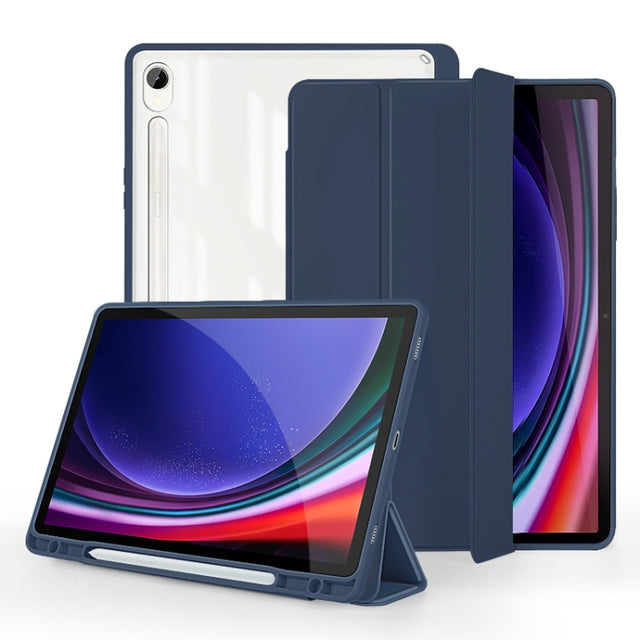 For Samsung Galaxy Tab S9 3-folding Acrylic Smart Leather Tablet Case(Dark Blue)