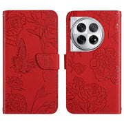 For OnePlus 12R 5G Global Skin Feel Butterfly Peony Embossed Leather Phone Case(Red)