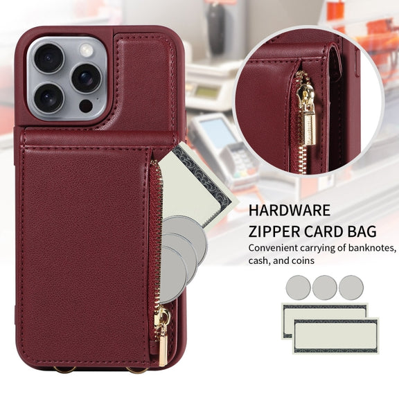 For iPhone 16 Pro Max Crossbody Lanyard Zipper Wallet Leather Phone Case(Wine Red)