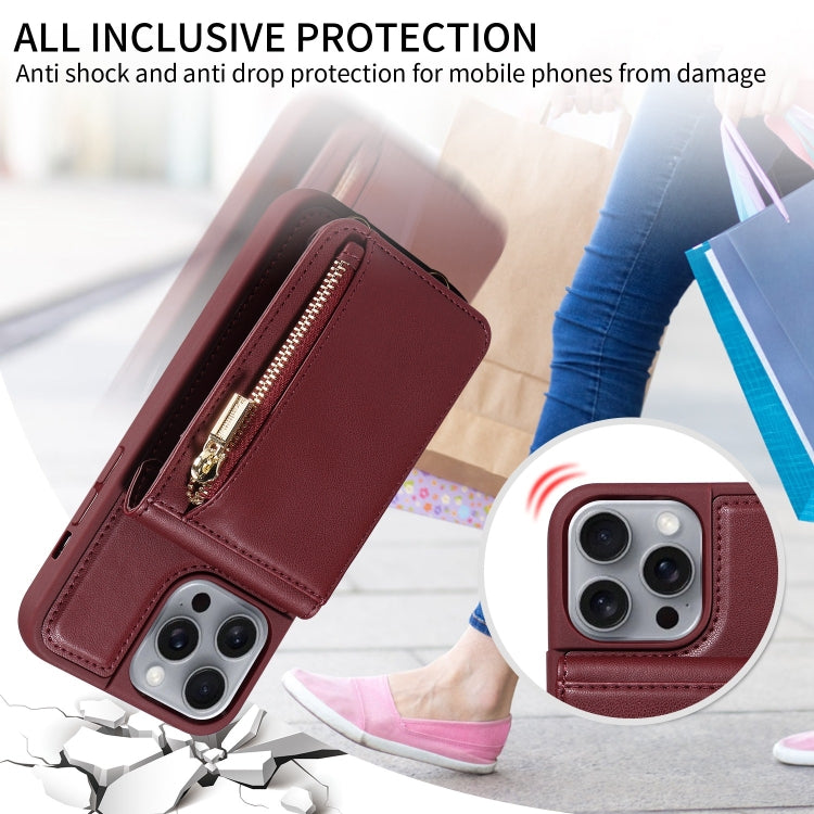 For iPhone 16 Pro Max Crossbody Lanyard Zipper Wallet Leather Phone Case(Wine Red)